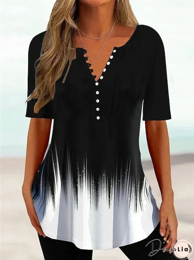 Women's T shirt Tee Henley Shirt Floral Color Gradient Black Red Blue Print Short Sleeve Casual Weekend Tunic Basic V Neck Regular Fit