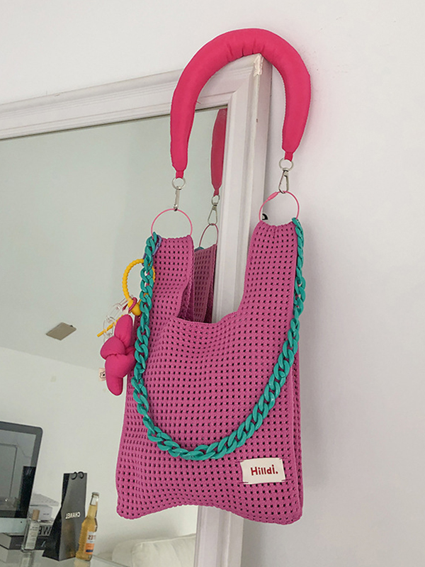 Chains Hollow Woven Shoulder Bags Handbags PINK-One_size