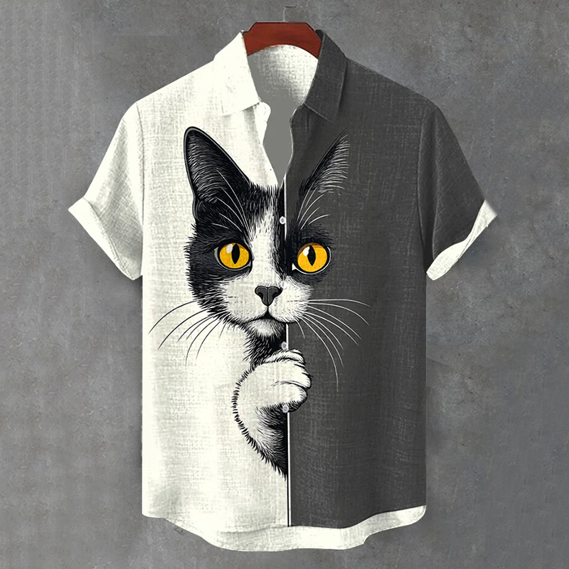 Men's  The Peeping Cat Colorblock Art Casual Short Sleeve Shirts  artssus