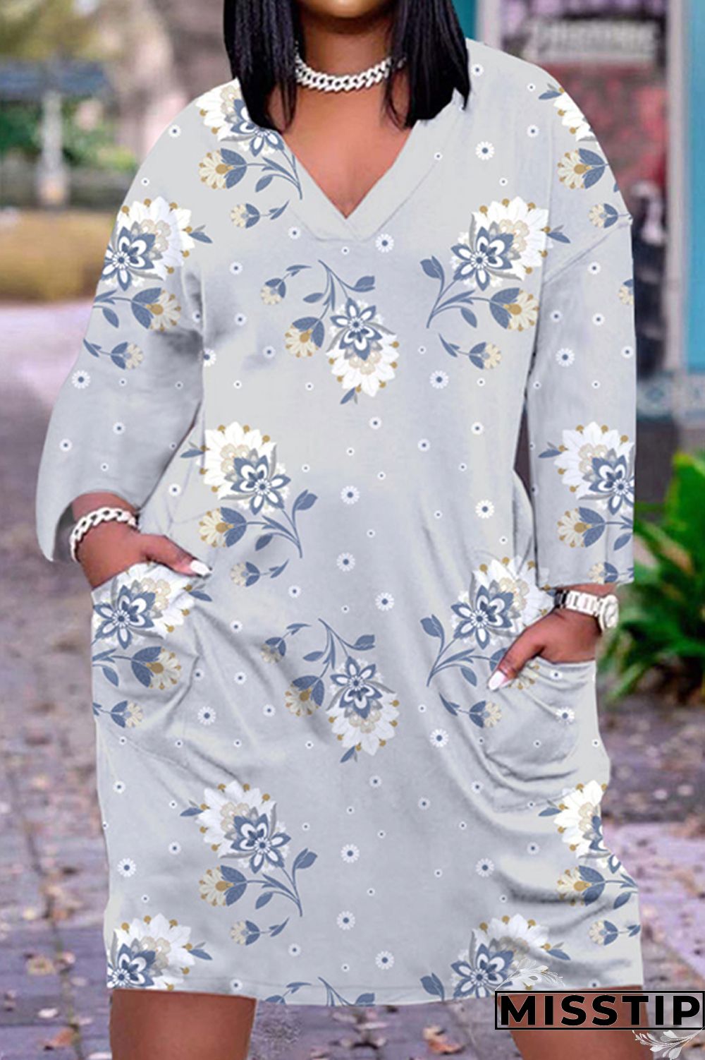 Light Blue Fashion Casual Print Patchwork V Neck Long Sleeve Dresses