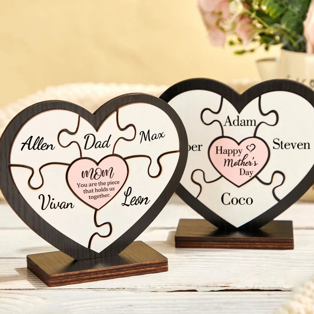 Personalized Family Heart Wooden Puzzle Frame Gift for Mom