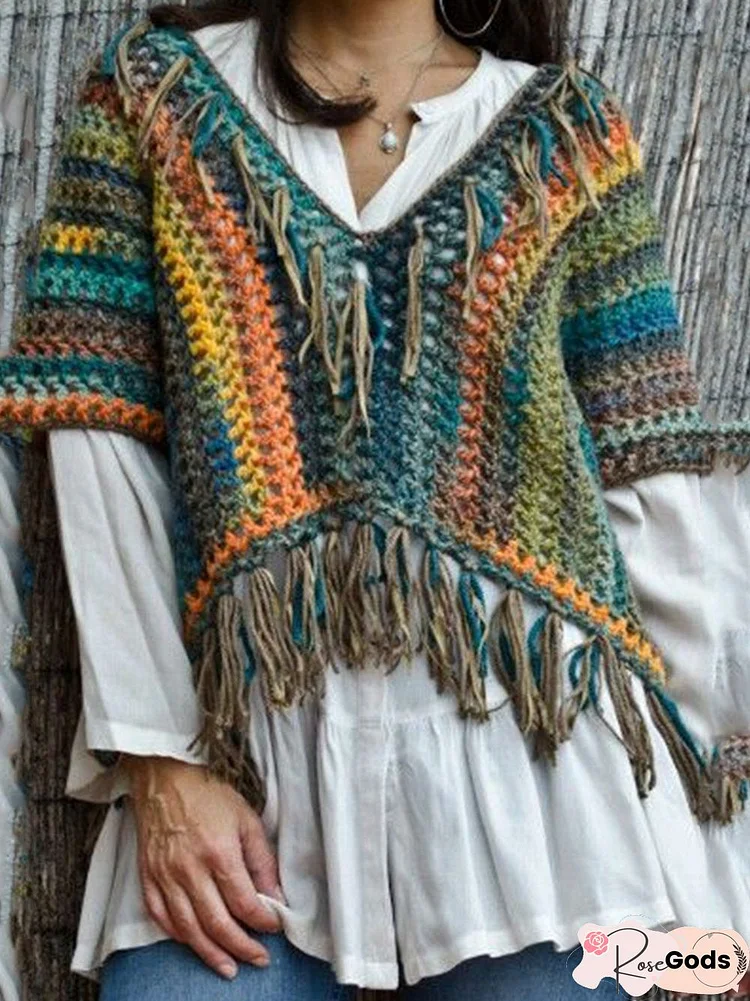 Women's Casual V Neck Half Sleeve Multicolor Sweater