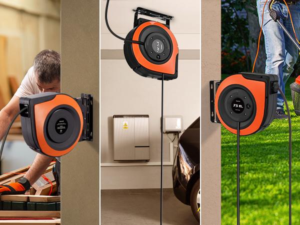 Product Introduction of DEWENWILS Retractable Extension Cord Reel, 75 FT Heavy Duty Power Cord, 14/3C SJTOW, Lighted Triple Tap Outlets, 10A Circuit Breaker, Wall/Ceiling Mounted for Garage, Workshop, UL Listed, Cable Wall-HCRA75A 4