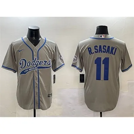 Men's Los Angeles Dodgers #11 Roki Sasaki Grey With Patch Cool Base Stitched Baseball Jersey L2HW