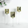 Set of 3 | Gold Long Stem Speckled Mercury Cylinder Glass Vases, Tealight Candle Holder Set - 12",14",16"