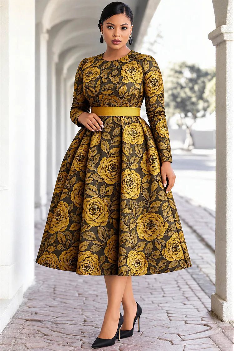Xpluswear Design Plus Size Christmas Gold Floral Round Neck Long Sleeve Pocket Satin Midi Dresses [Pre-Order] 2024 - Xpluswear