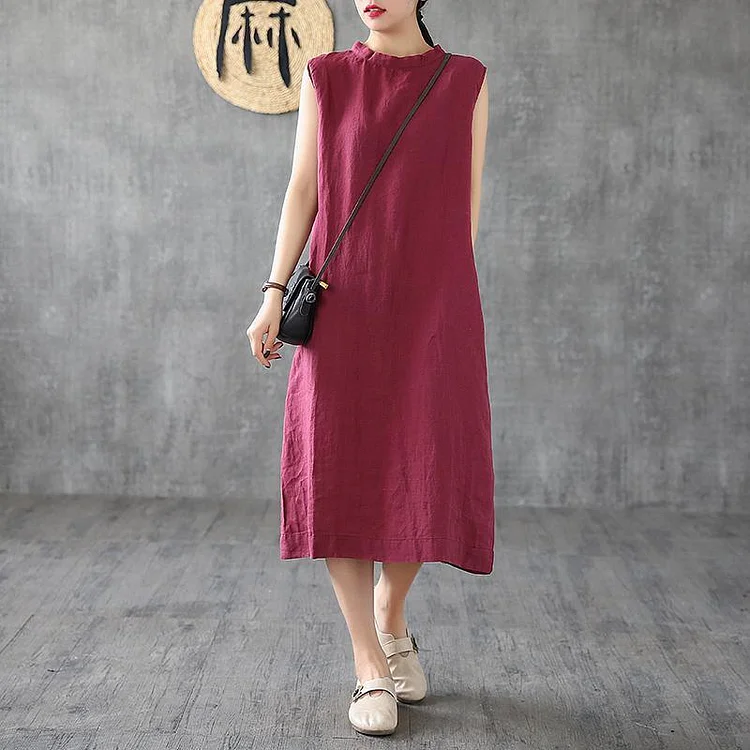 Unique burgundy linen dresses stand collar sleeveless long summer Dress