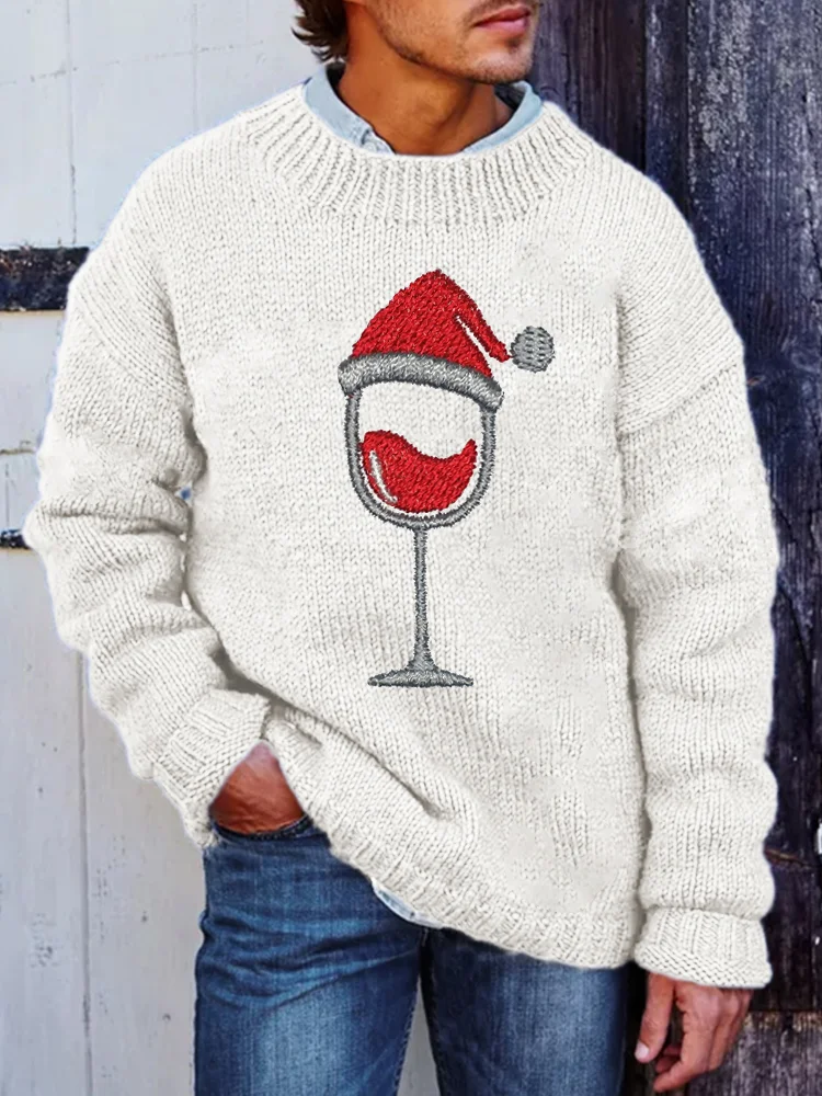 Men's Christmas Wine Glass Embroidery Cozy Knit Sweater