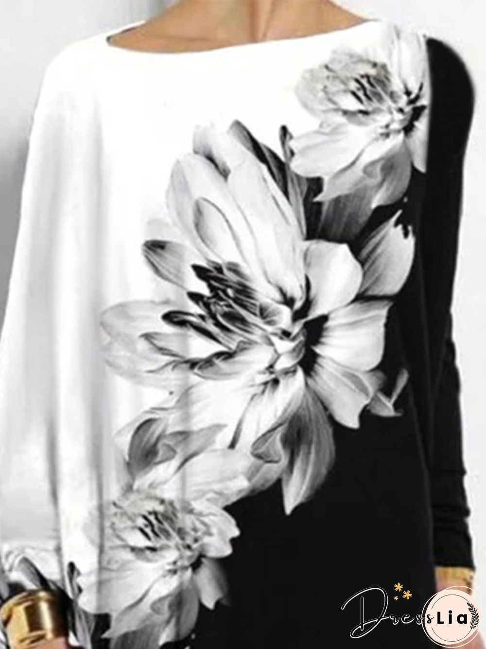 Vintage Color Block Floral Printed Long Sleeves Crew Neck Plus Size Casual Tops