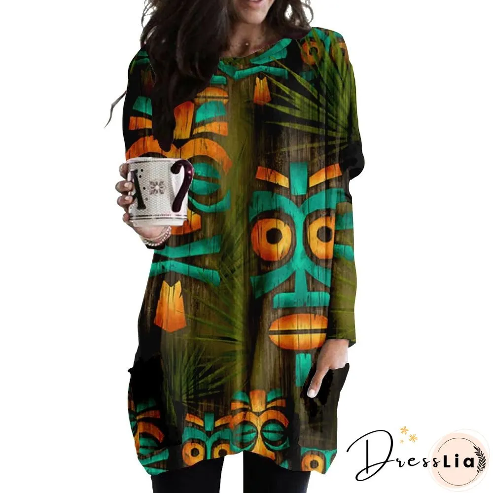 Round Neck Casual Fashion Medium Length Loose Dress 3D Printing