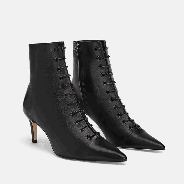 Custom Made Black Pointy Toe Lace up Ankle Boots |FSJ Shoes