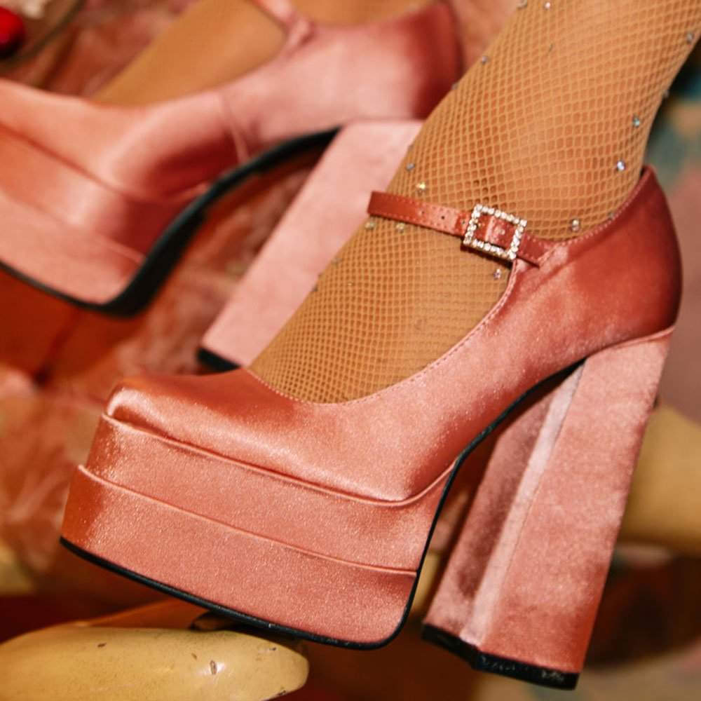 Light Pink Square Toe Platform Pumps Classic Satin Chunky Heels Nicepairs
