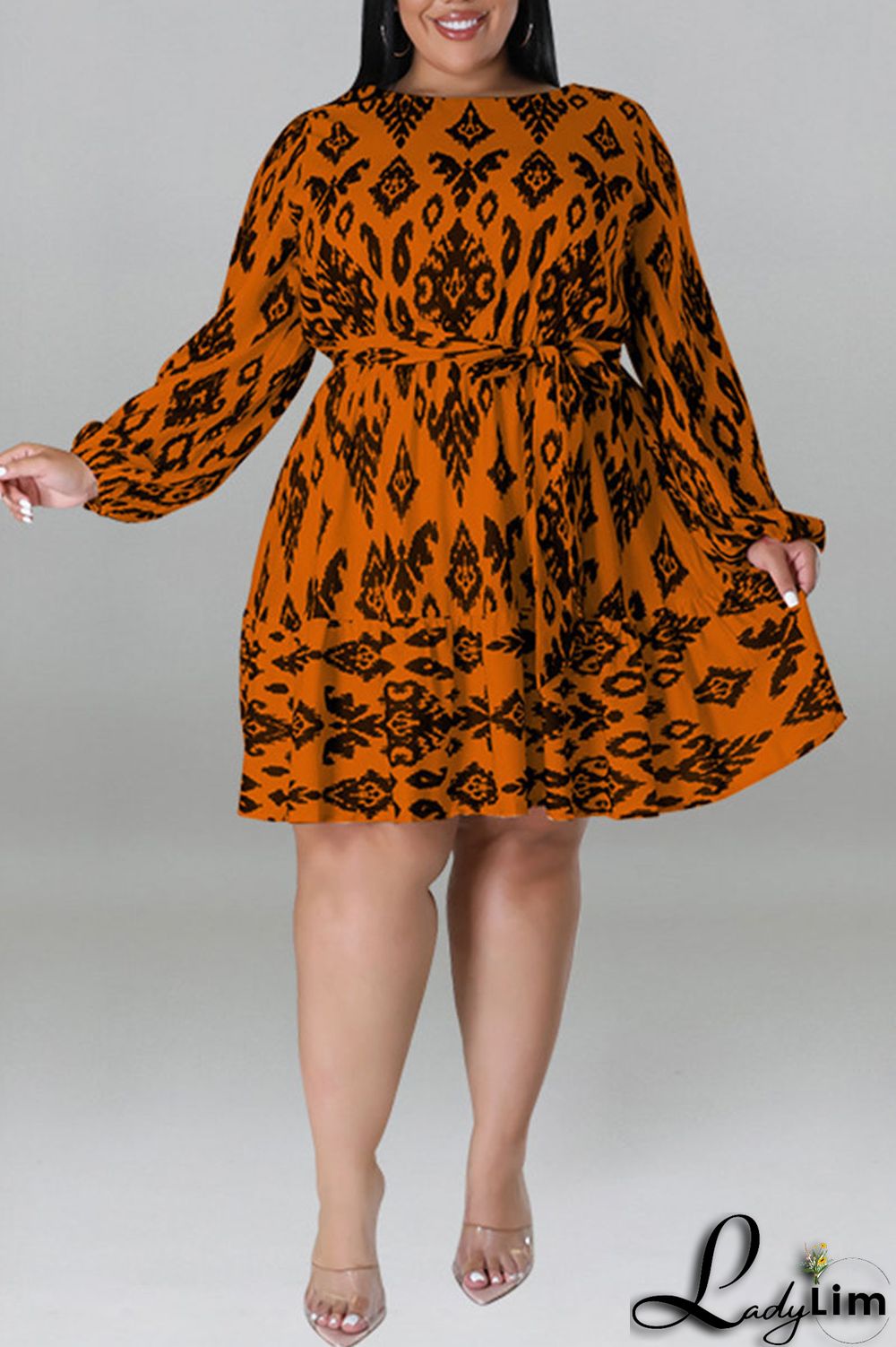 Light Apricot Casual Print Bandage Patchwork O Neck Straight Plus Size Dresses