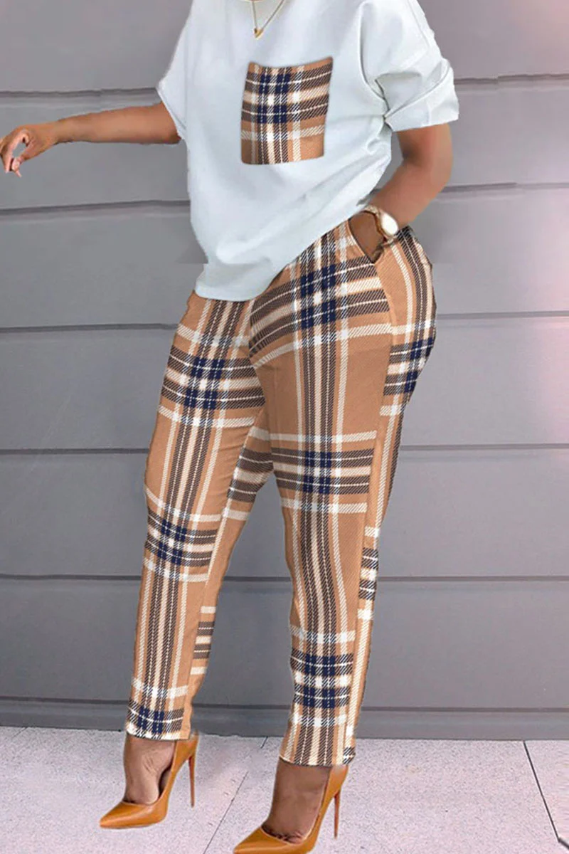 Khaki Casual Print Patchwork O Neck Short Sleeve Two Pieces | EGEMISS