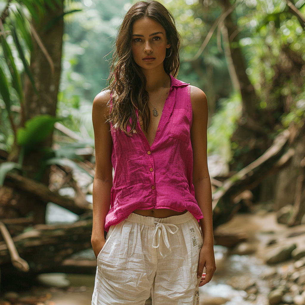 Simple V-neck Sleeveless Shirt, Comfortable And Breathable Lapel Linen Top