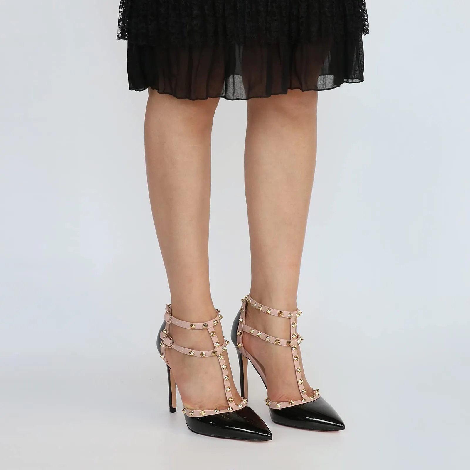 100mm Women's Pointed Toe Heels Studded Double Ankle Strap Sandals-vocosishoes