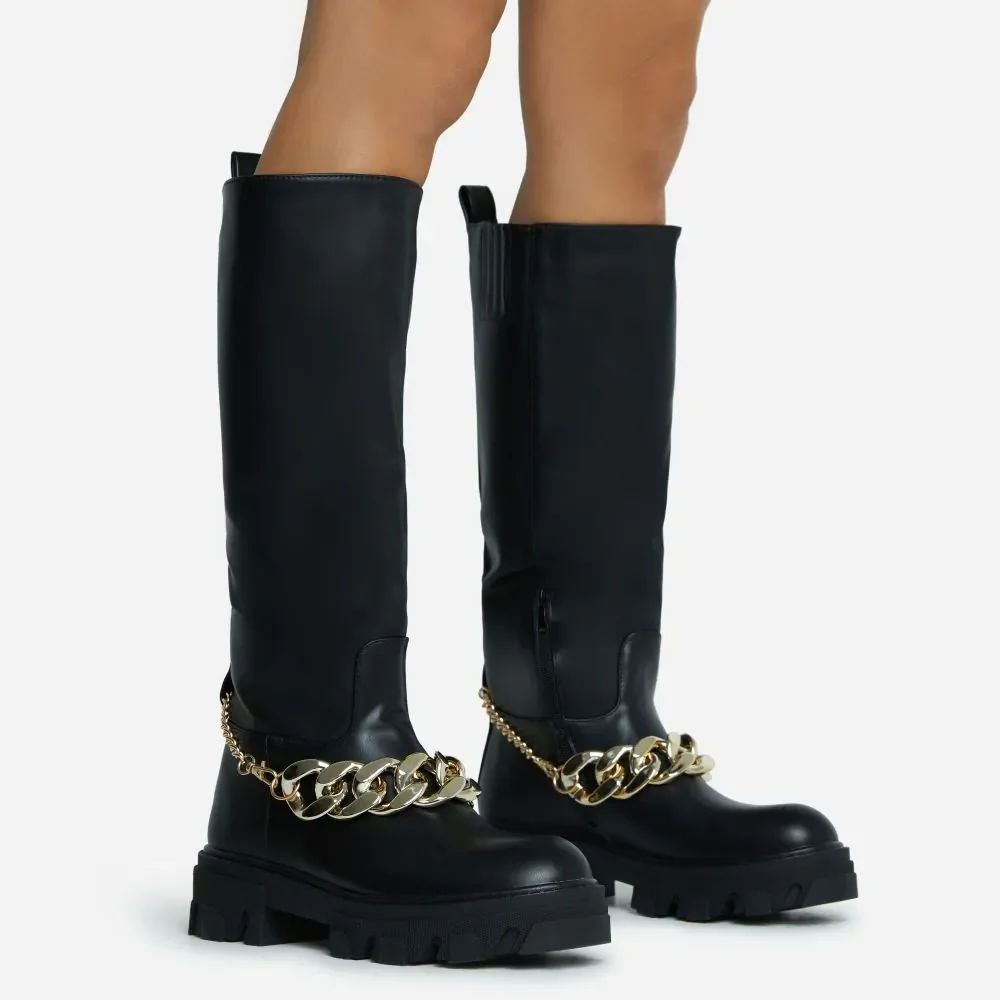 Black Genuine Leather Lug Sole Boots With Chain Decor Nicepairs