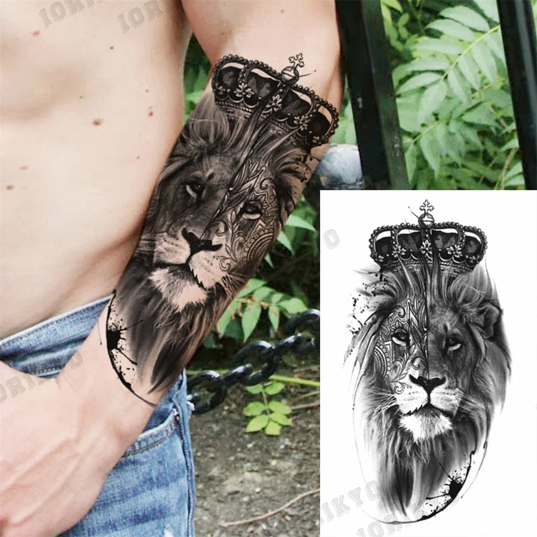 Black Lion Wolf Temporary Tattoos For Men Adult Forest Rose Compass Warrior Fake Tattoo Washable Body Art Painting Tatoo Sticker