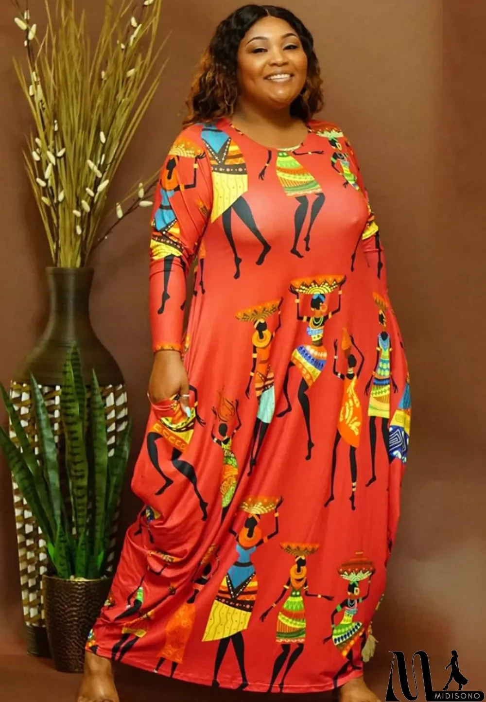 MidiSono - Spring Orange Print Africa Loose Cut Plus Size Long Dress