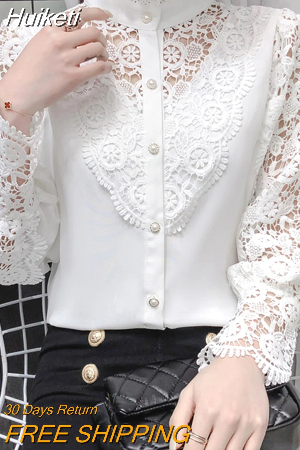 Huiketi Lace Shirts For Women New Korean Hollow Out White Blouse Tops Female Stand Collar Long Sleeve Blouses Women Casual 12948