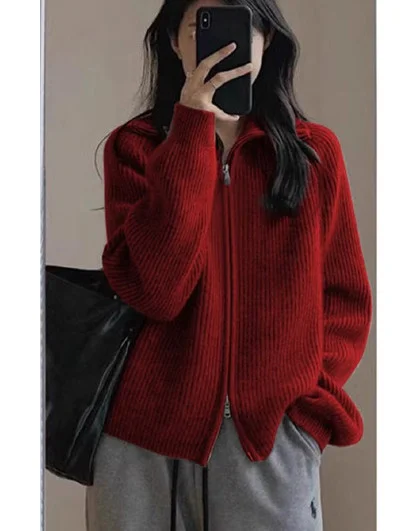Athvotar Athvotar Woman Retro Hong Kong Flavor New Chic Korean Version Of The Collar Zipper Knitted Open Shirt Lazy Wind Loose Thick Coat