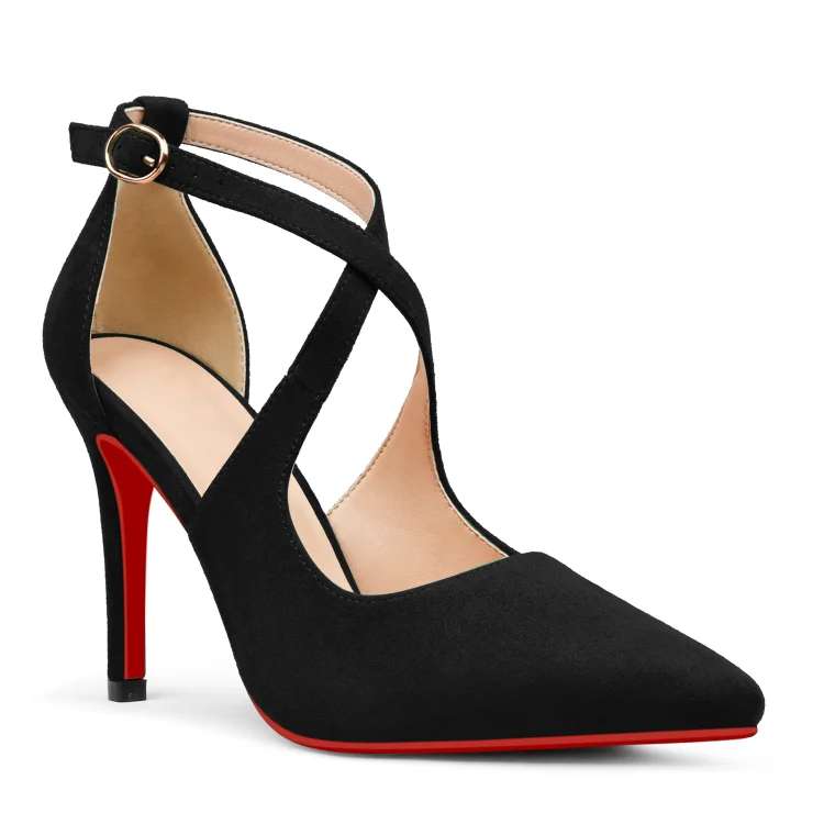 95mm Women's Pointed Toe Cross Strap Heels Red Bottoms Pumps Shoes Suede VOCOSI VOCOSI
