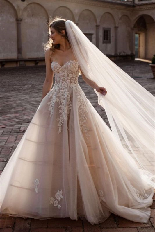 New Arrival Sweetheart Tulle Wedding Dress With Lace Appliques Princess Bridal Gowns - lulusllly