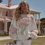 Women's Vintage Flower Embroidery Art Crew Neck Casual Sweatshirt - Image 2