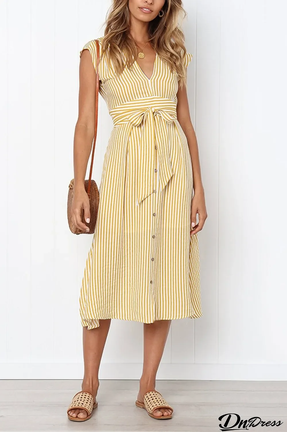 Sleeveless Stripe Lace Up V-Neck Dress