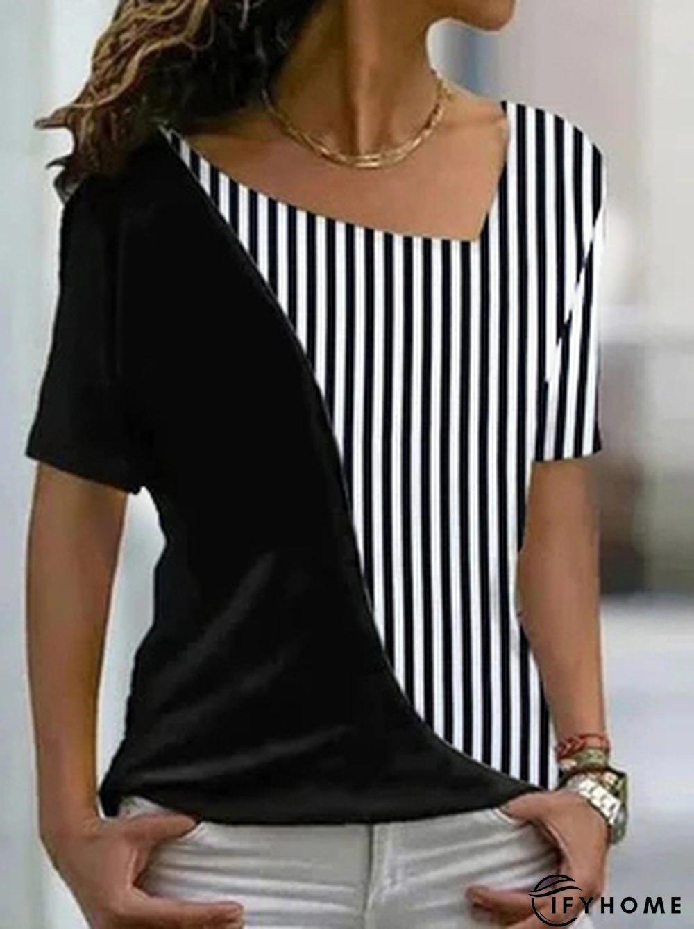 Cotton-Blend V Neck Striped T-Shirt | IFYHOME