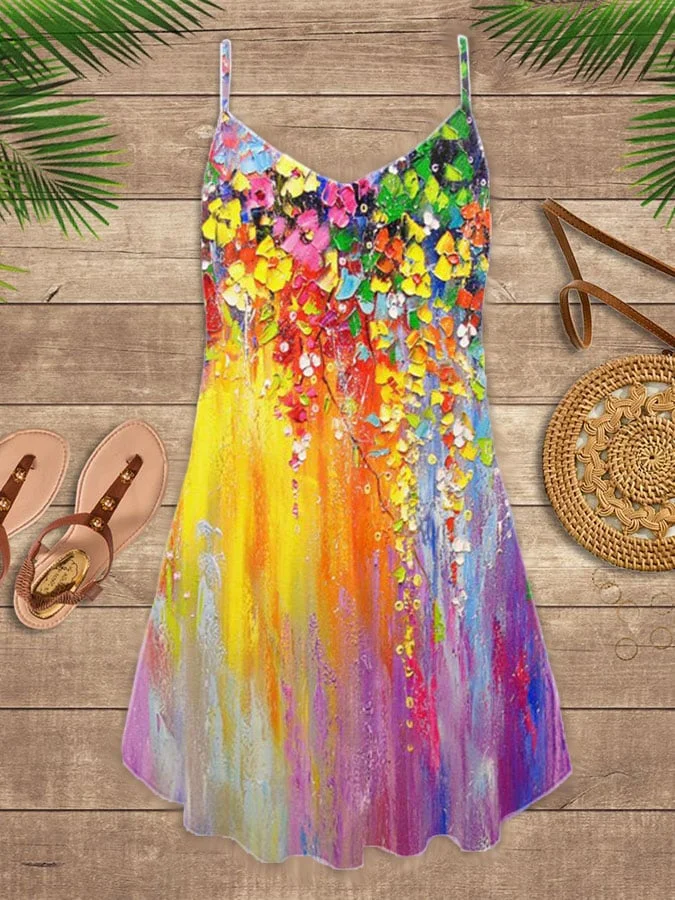 🔥Buy 3 Get 10% Off🔥Vacation Flower Oil Painting Print Spaghetti Strap Dress Swimsuit Coverup