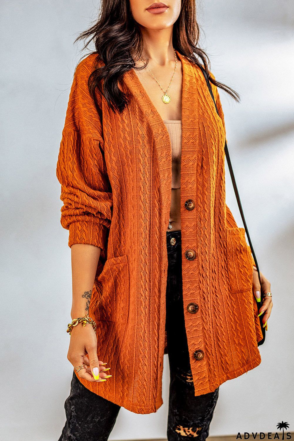 Brown Cable Knit Cardigan