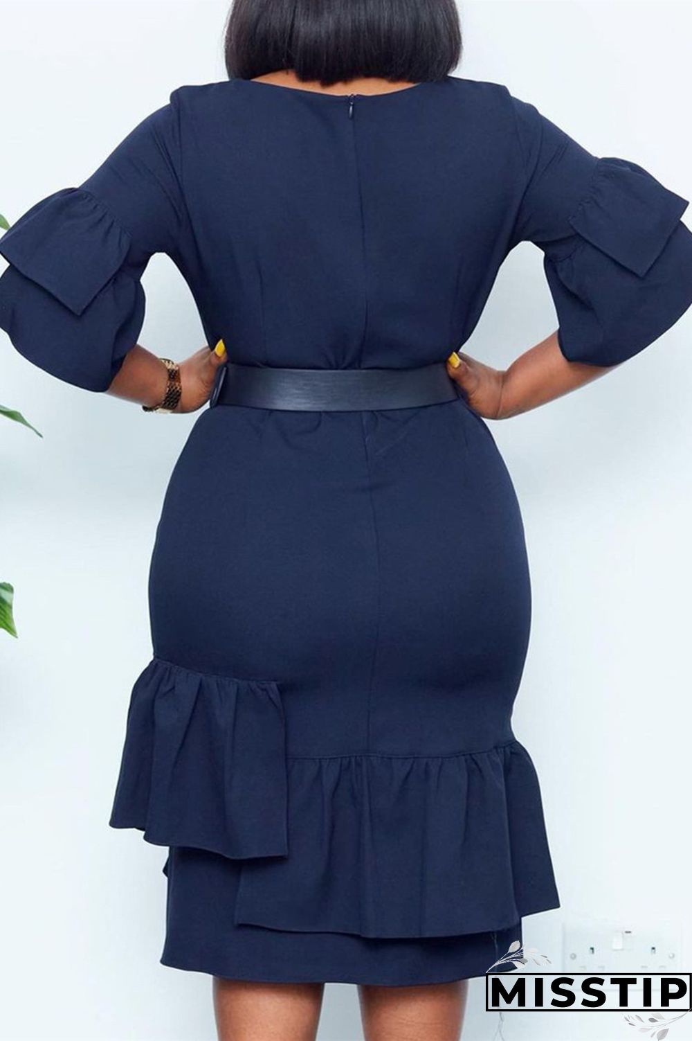 Deep Blue Fashion Casual Solid Patchwork Flounce With Belt O Neck Dresses