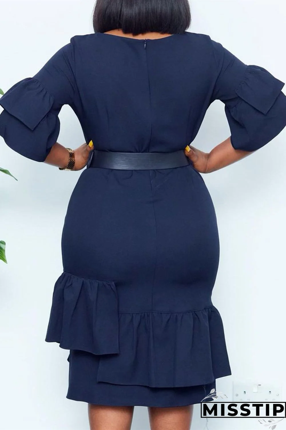 Deep Blue Fashion Casual Solid Patchwork Flounce With Belt O Neck Dresses