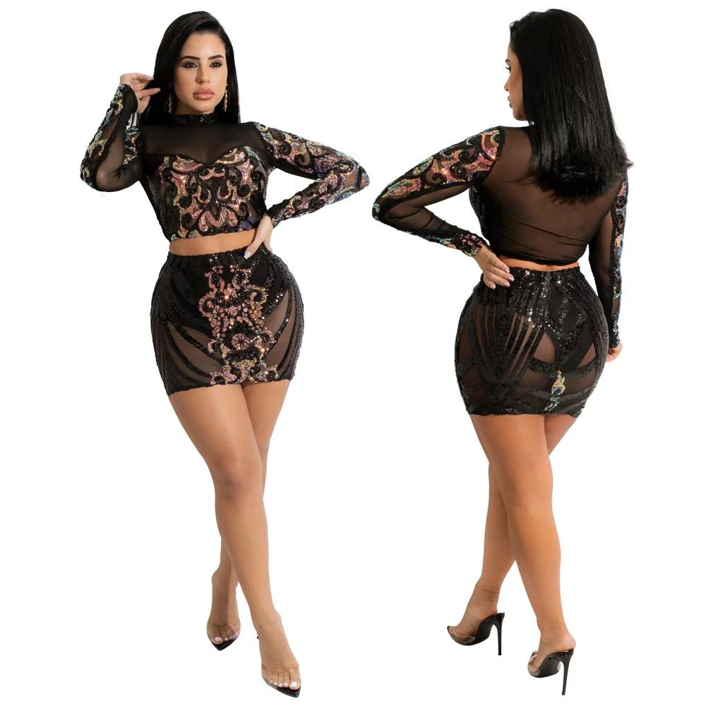 See-through mesh sequin bodycon two-piece set-zachics