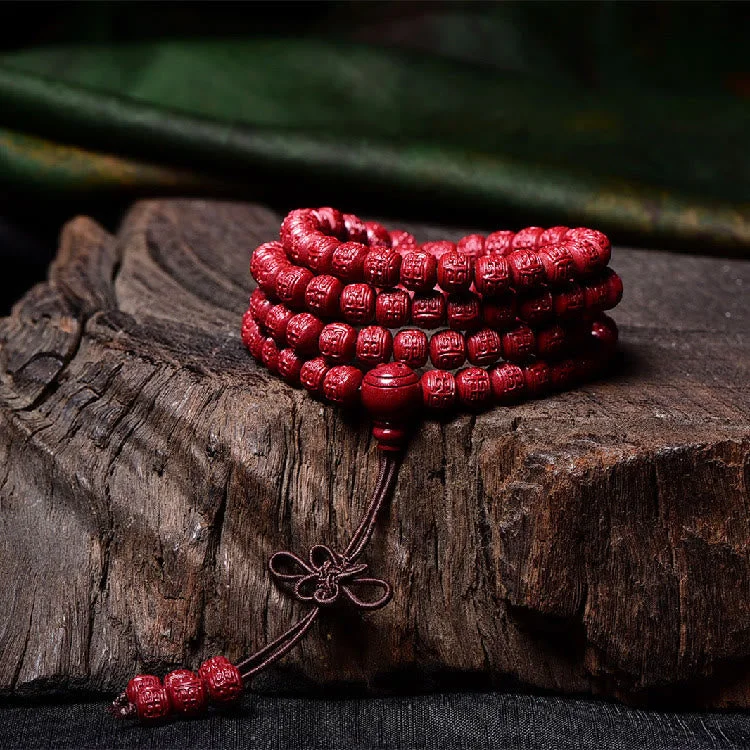 Cinnabar 108 Mala Beads Om Mani Padme Hum Pattern Engraved Blessing Bracelet