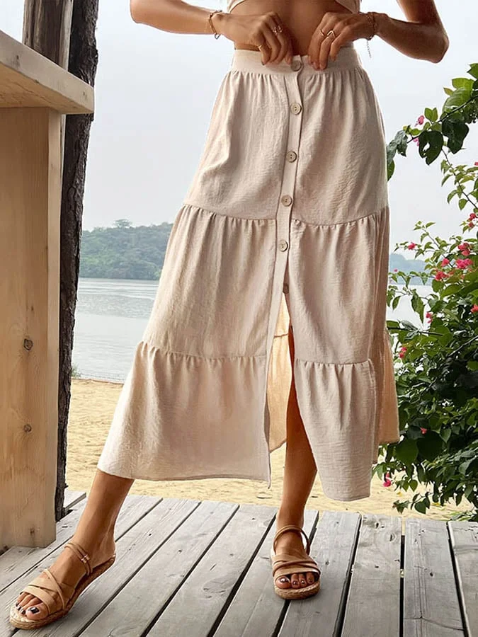 Women's Button Pleated Casual Skirt