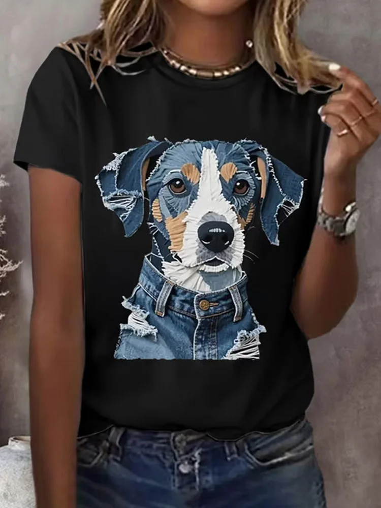Utbros Women's Retro Funny Denim Patch Animal Dog Print T-shirt