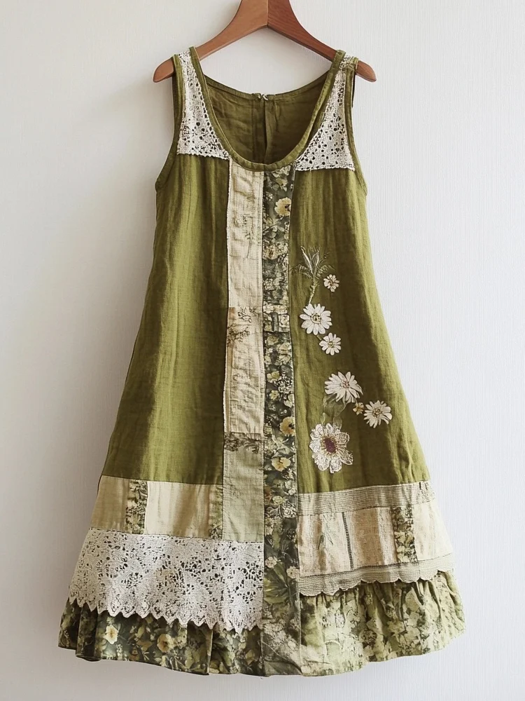 Utbros Floral Embroidered Lace Patchwork Linen Blend Avocado Green Dress