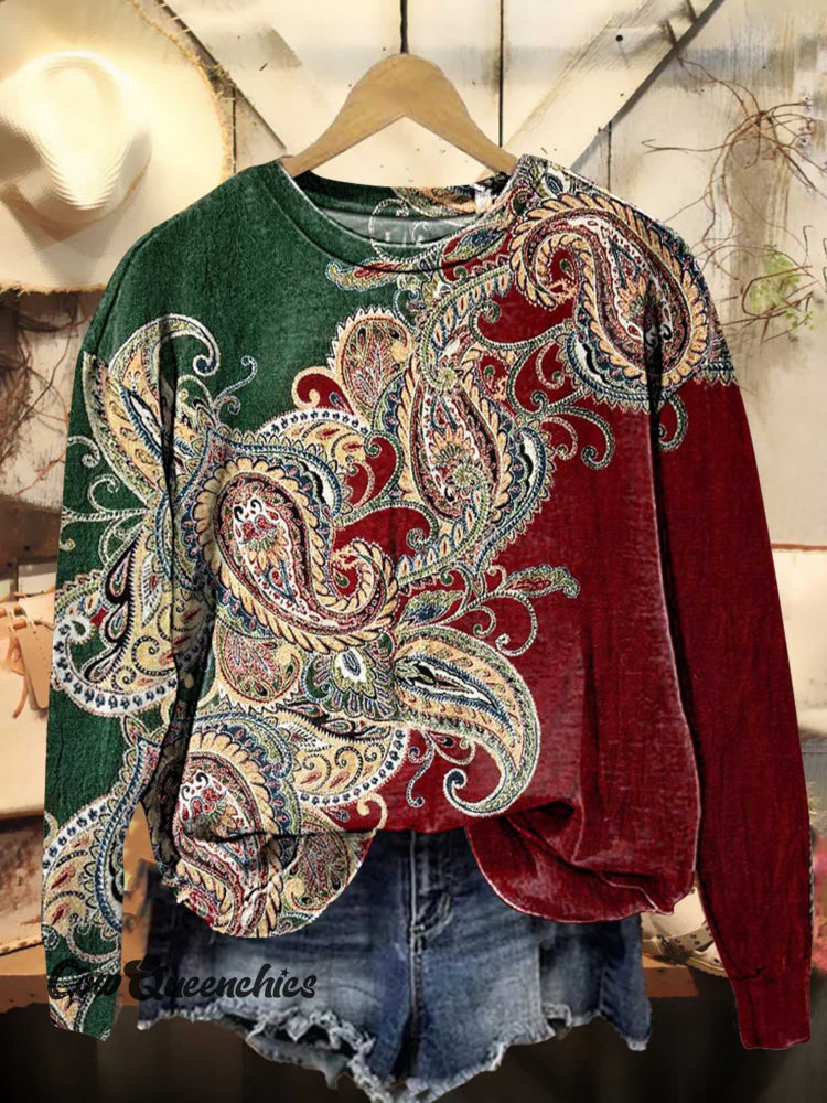 Retro Ethnic Paisley Red And Green Pattern Casual Sweatshirt Multicolor / S