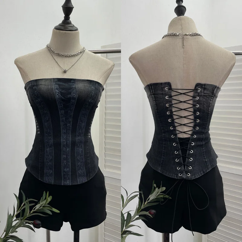 Churchf Vintage Denim Print Strap-On Corset Tsets Tsets Tsets Tsets Sleeveless Short Tops