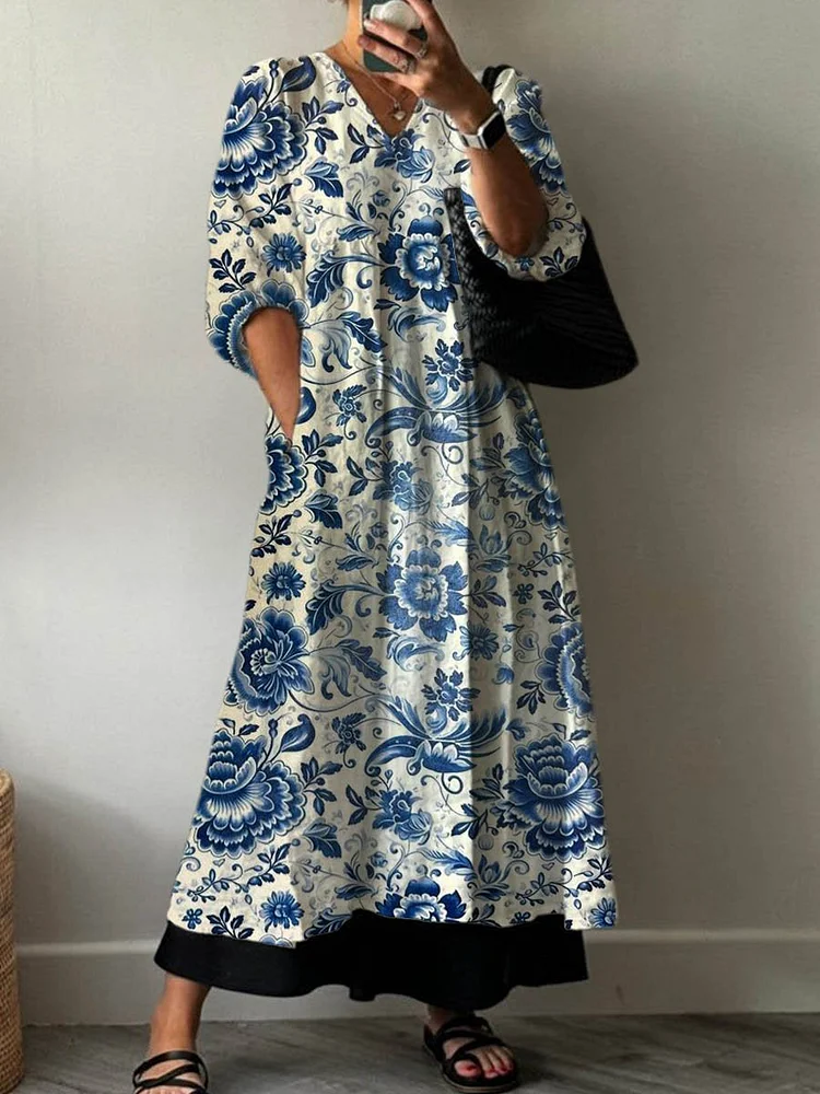 Women's Vintage Lovely Floral Art Print Pocket V-neck Cotton Dress