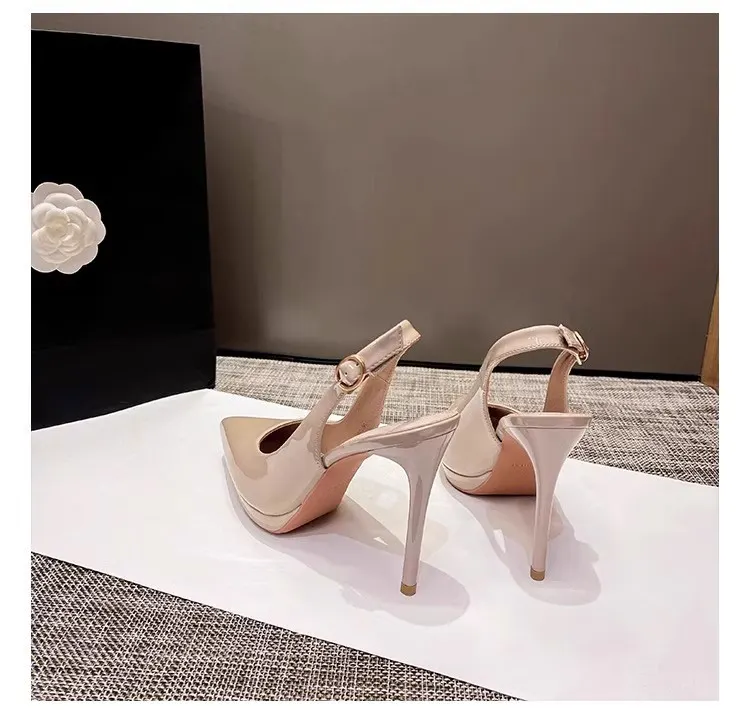 Breakj Breakj Large-Size New Ultra-High Patent Leather Pointed Back Tripty Sandals High Heels Women's Top Fine Back Empty Single Shoes