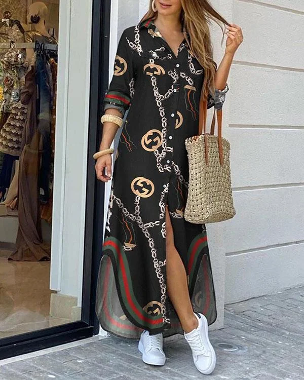 Chain Print Slit Buttoned Shirt Dress P415366