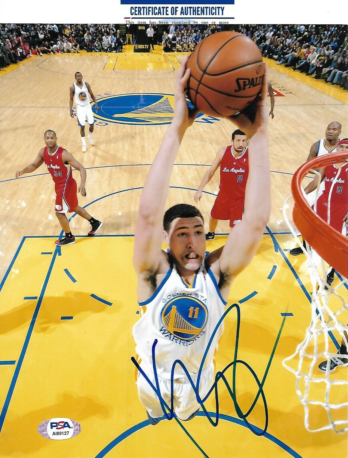 KLAY THOMPSON signed GOLDEN STATE WARRIORS TROPHY 8X10 Photo Poster painting w/ COA PSA AI89127