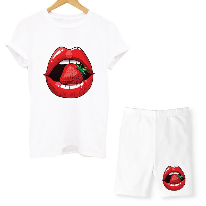 Women Two Piece Set Lips T Shirts And Shorts Pyama Sets Summer Casual Joggers Tracksuit Shorts Sexy Outfit For Woman Clothing