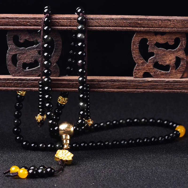 Black Obsidian Lotus 108 Beads Natural Fulfilment Mala Bracelet