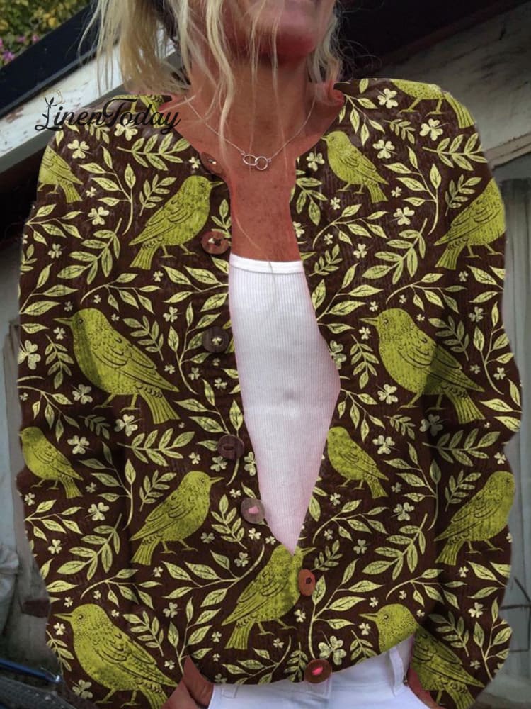 Women’s Lovely Floral Birds Art Print Buttoned Cardigan Sweater Multicolor / S