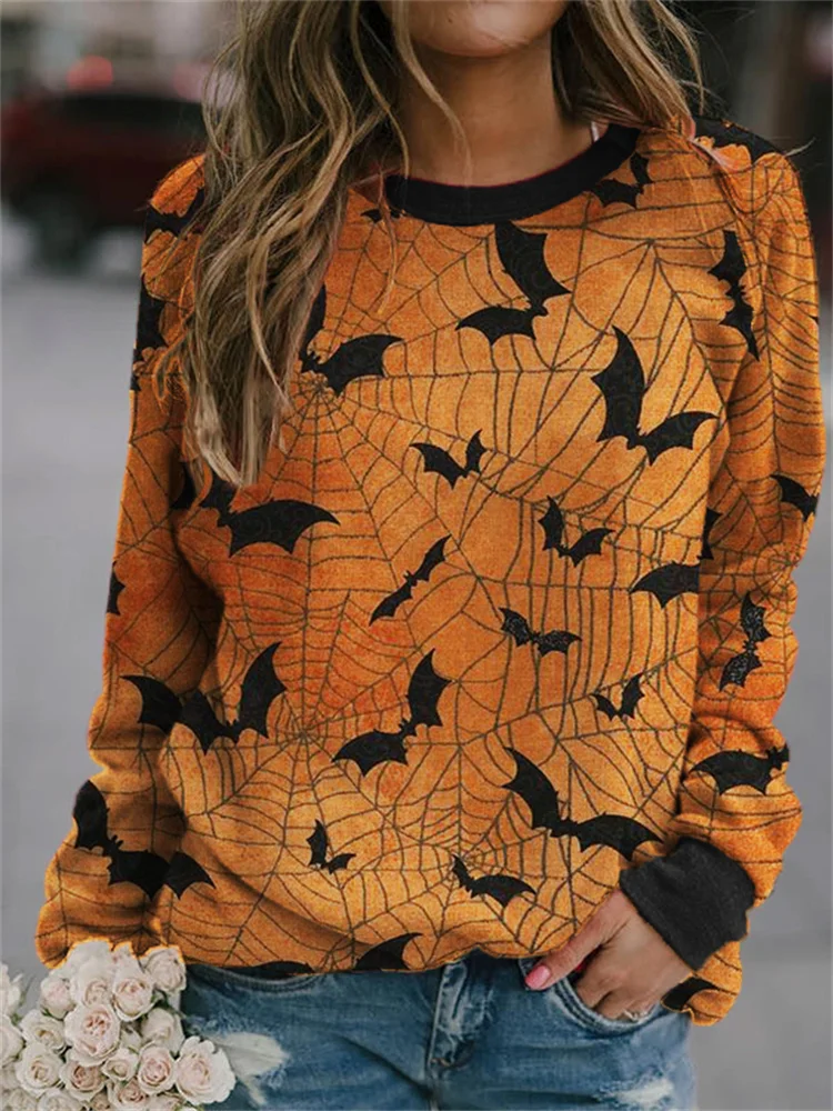 Vefave Vefave Halloween Bats & Cobweb Graphic Sweatshirt