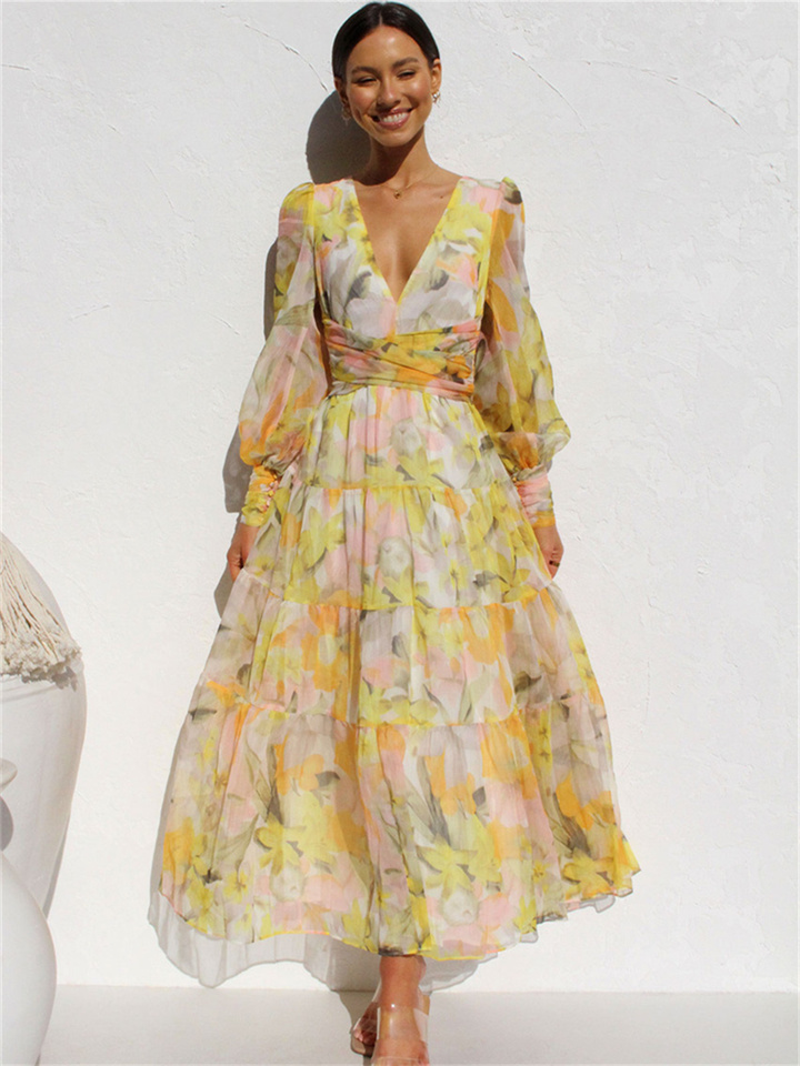 Spring and Summer Casual Solid Color Printing Long Sleeve High Waist V-neck Swing Dress Temperament Commuter Long Dress | 168DEAL